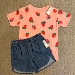 Old Navy Pink Strawberry Print Tee with Denim Shorts Size Girls 5T